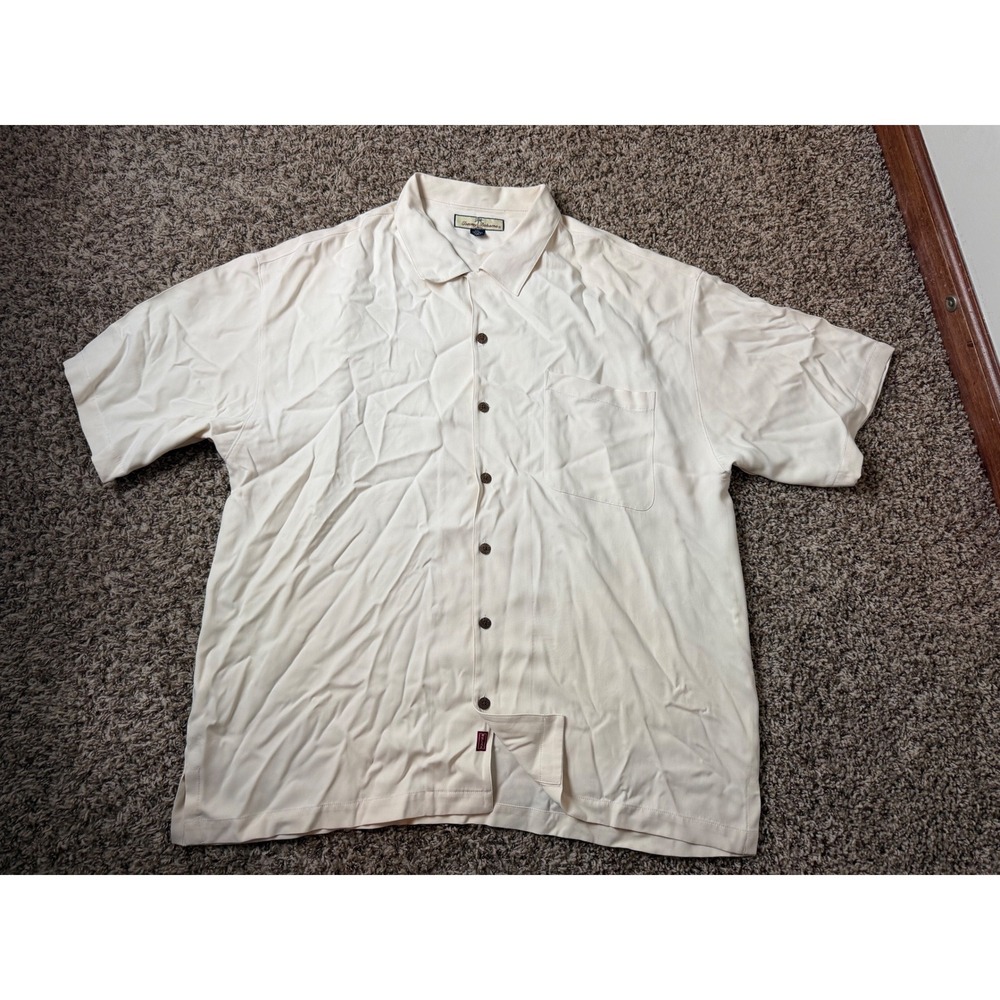 Tommy Bahama Mens XXL Cream 100% Silk Short Sleeve Button Down Camp Shirt